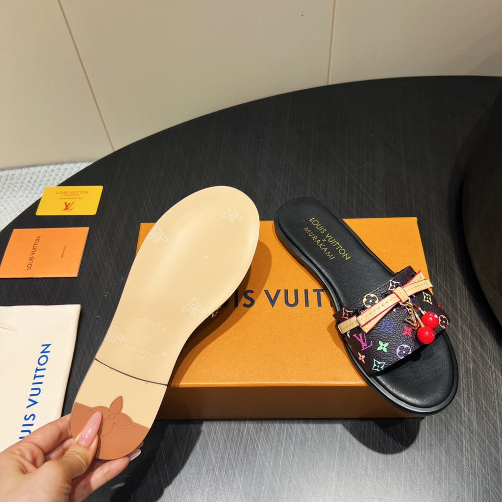 LOUIS VUITTON LV SLIDE SANDALS LOGO PRINT 25S IN BLACK CALFSKIN WITH CHERRY BLOSSOM BUCKLE