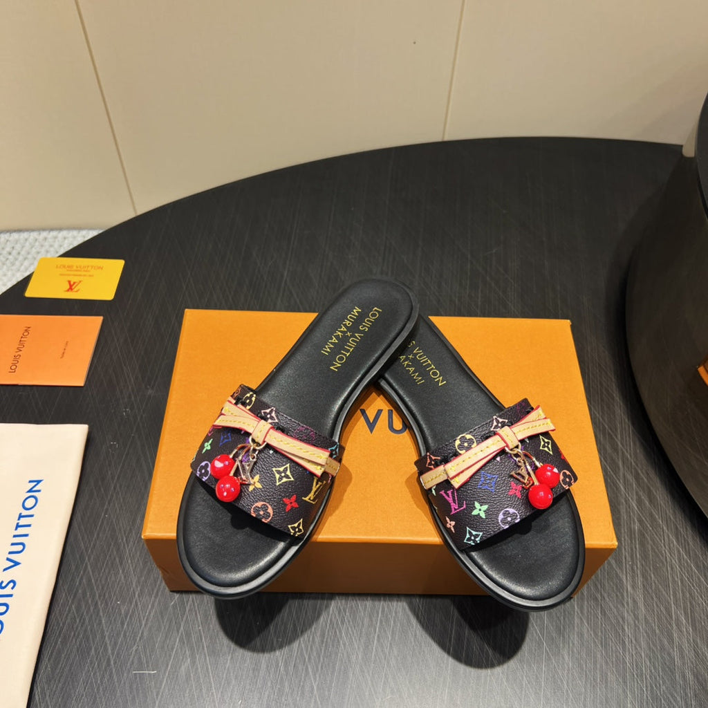 LOUIS VUITTON LV SLIDE SANDALS LOGO PRINT 25S IN BLACK CALFSKIN WITH CHERRY BLOSSOM BUCKLE