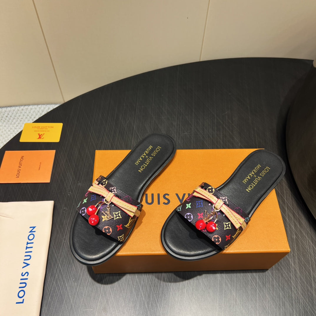 LOUIS VUITTON LV SLIDE SANDALS LOGO PRINT 25S IN BLACK CALFSKIN WITH CHERRY BLOSSOM BUCKLE