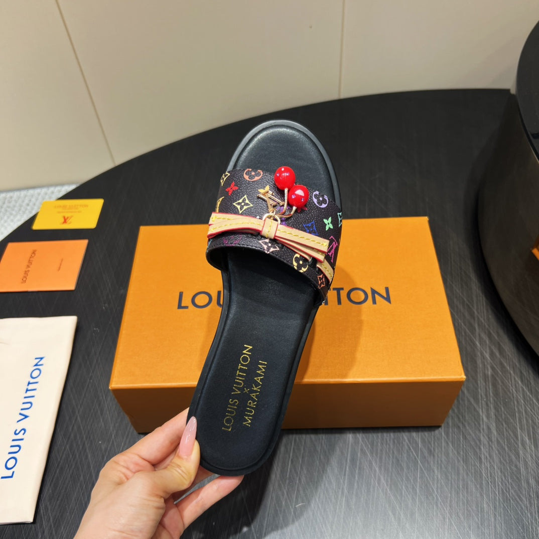 LOUIS VUITTON LV SLIDE SANDALS LOGO PRINT 25S IN BLACK CALFSKIN WITH CHERRY BLOSSOM BUCKLE