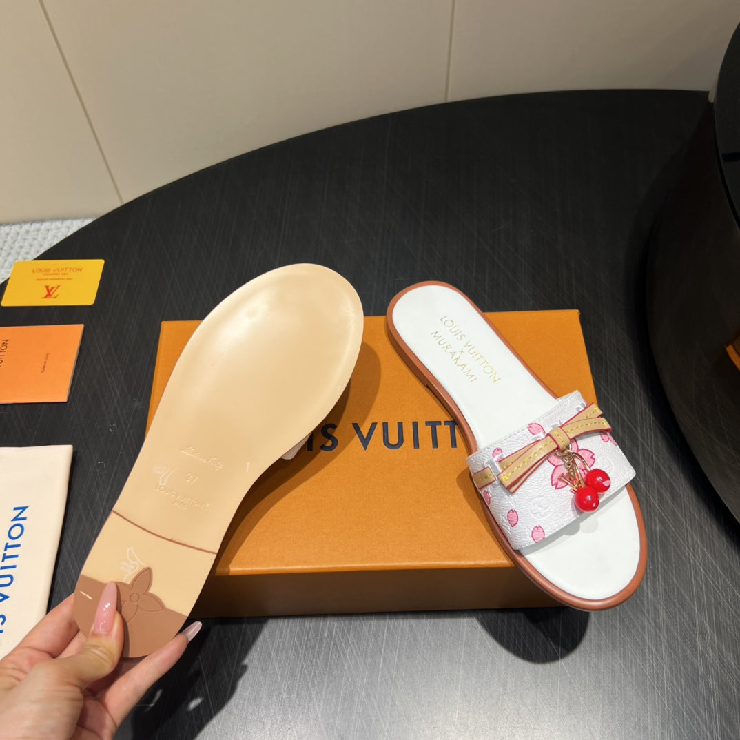LOUIS VUITTON LV SLIDE SANDALS 25S IN WHITE CALFSKIN WITH CHERRY BLOSSOM BUCKLE