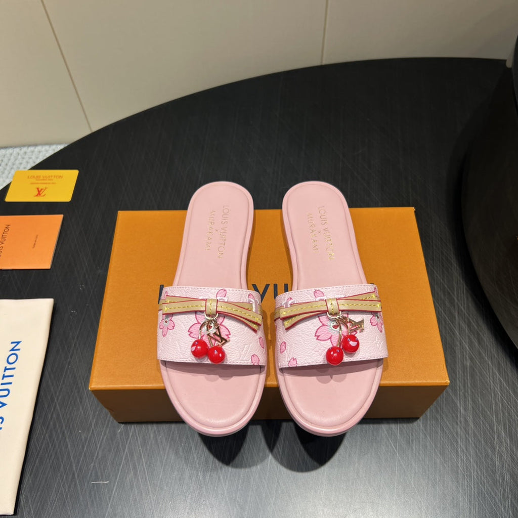 LOUIS VUITTON LV SLIDE SANDALS 25S IN LIGHT PINK CALFSKIN WITH CHERRY BLOSSOM BUCKLE