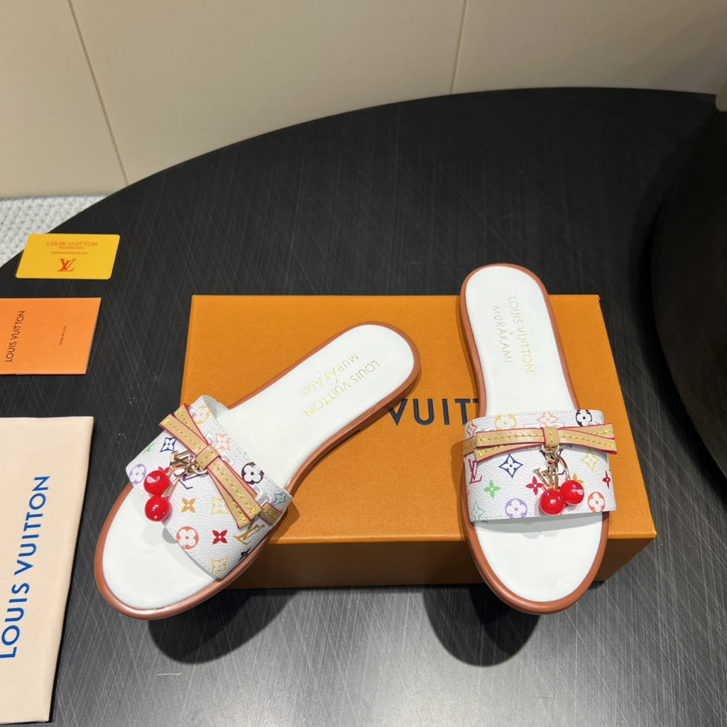 LOUIS VUITTON LV SLIDE SANDALS LOGO PRINT 25S IN WHITE CALFSKIN WITH CHERRY BLOSSOM BUCKLE