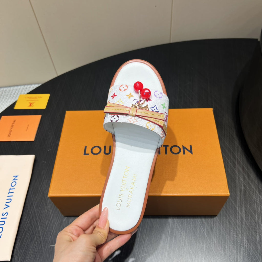 LOUIS VUITTON LV SLIDE SANDALS LOGO PRINT 25S IN WHITE CALFSKIN WITH CHERRY BLOSSOM BUCKLE