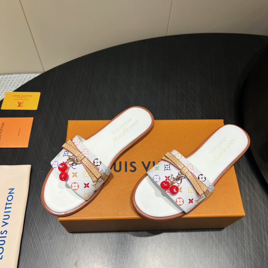 LOUIS VUITTON LV SLIDE SANDALS LOGO PRINT 25S IN WHITE CALFSKIN WITH CHERRY BLOSSOM BUCKLE