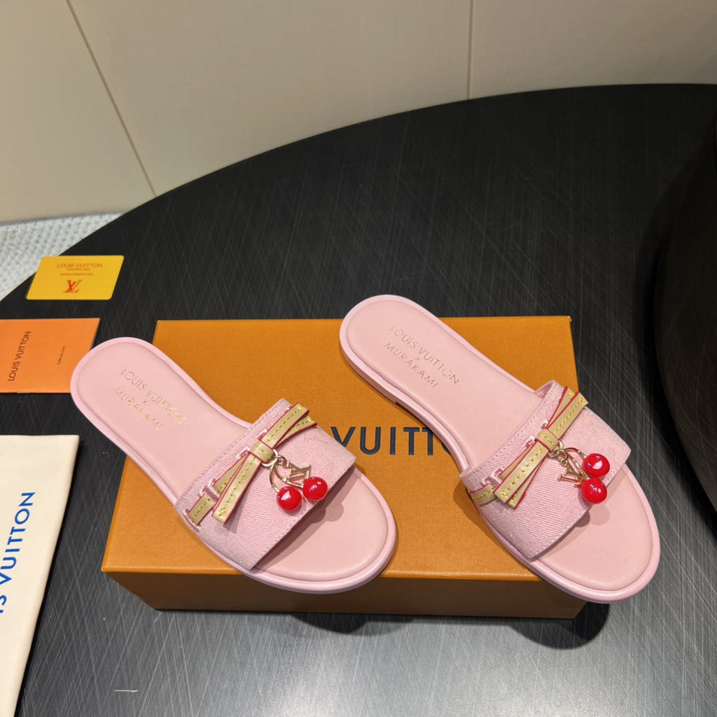 LOUIS VUITTON LV SLIDE SANDALS 25S IN BABY PINK DENIM AND CALFSKIN WITH CHERRY BLOSSOM BUCKLE