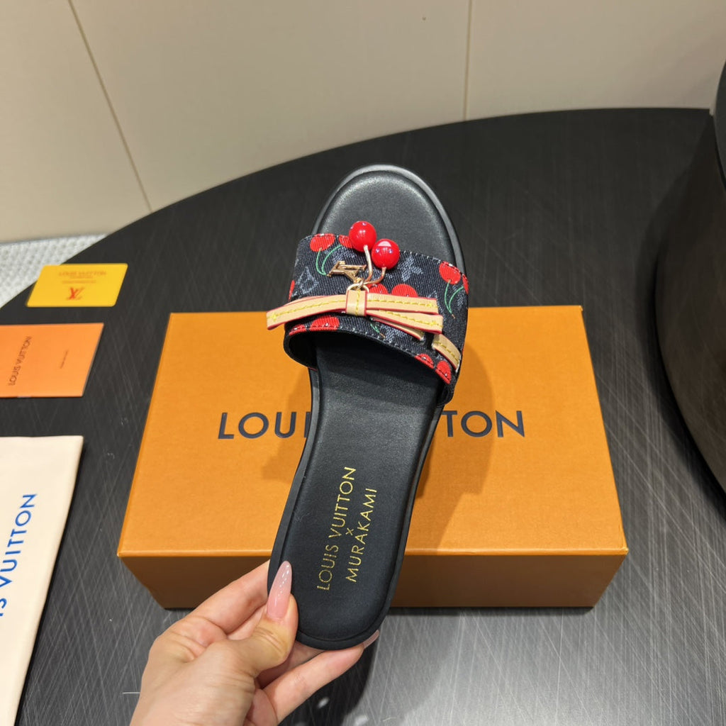 LOUIS VUITTON LV SLIDE SANDALS 25S IN BLACK DENIM AND CALFSKIN WITH CHERRY BLOSSOM BUCKLE