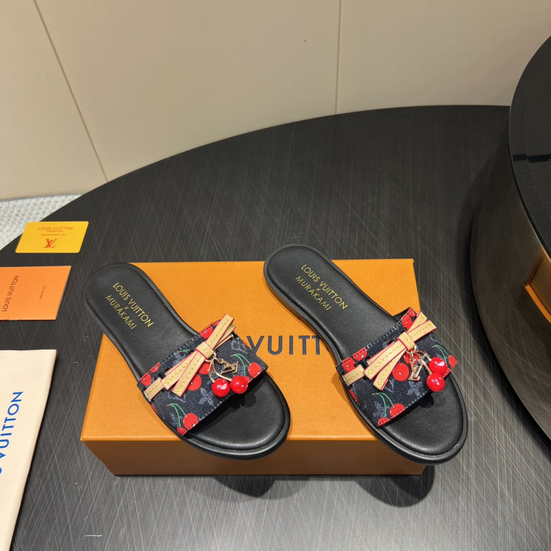 LOUIS VUITTON LV SLIDE SANDALS 25S IN BLACK DENIM AND CALFSKIN WITH CHERRY BLOSSOM BUCKLE
