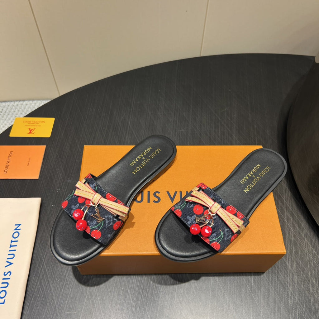 LOUIS VUITTON LV SLIDE SANDALS 25S IN BLACK DENIM AND CALFSKIN WITH CHERRY BLOSSOM BUCKLE