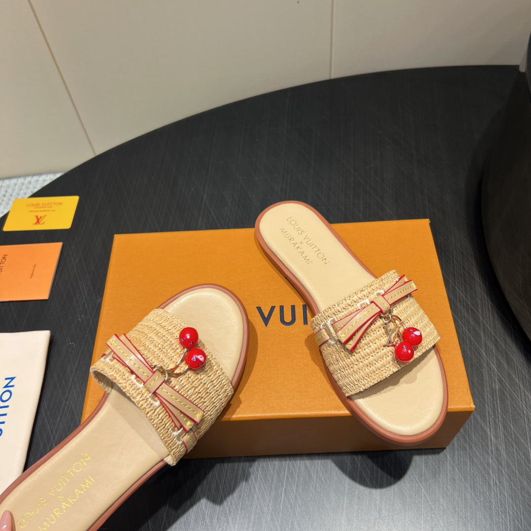 LOUIS VUITTON LV SLIDE SANDALS 25S IN BEIGE RAFFIA AND CALFSKIN WITH CHERRY BLOSSOM BUCKLE