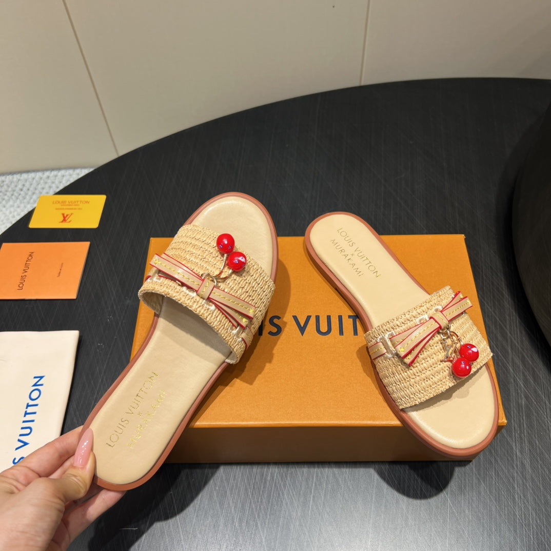 LOUIS VUITTON LV SLIDE SANDALS 25S IN BEIGE RAFFIA AND CALFSKIN WITH CHERRY BLOSSOM BUCKLE