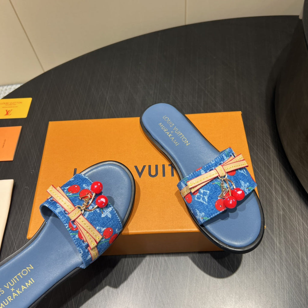 LOUIS VUITTON LV SLIDE SANDALS 25S IN DARK BLUE DENIM AND CALFSKIN WITH CHERRY BLOSSOM BUCKLE
