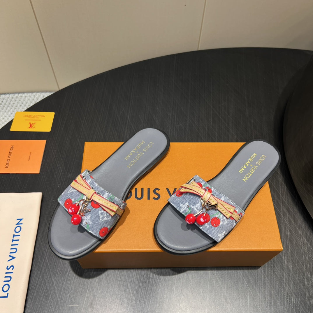 LOUIS VUITTON LV SLIDE SANDALS 25S IN GREY DENIM AND CALFSKIN WITH CHERRY BLOSSOM BUCKLE