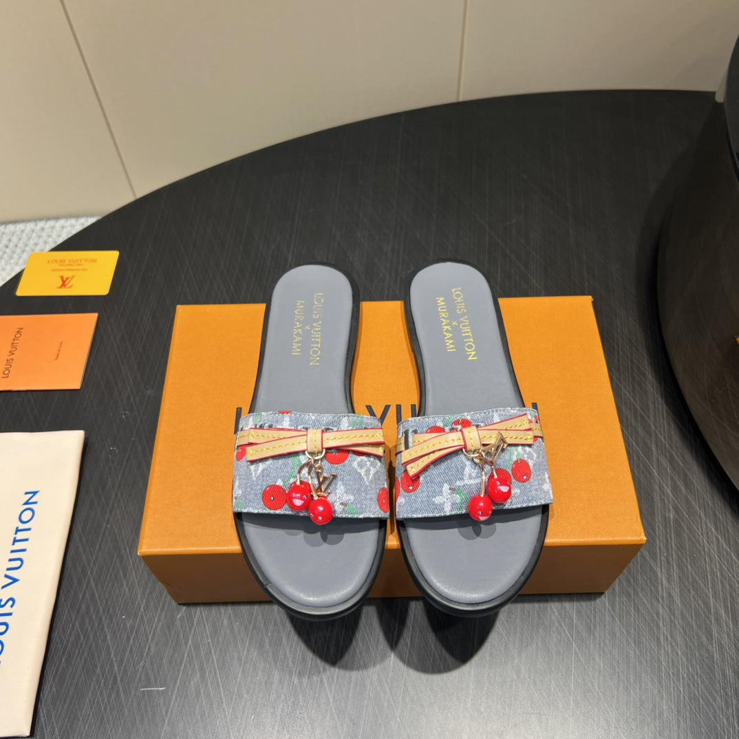 LOUIS VUITTON LV SLIDE SANDALS 25S IN GREY DENIM AND CALFSKIN WITH CHERRY BLOSSOM BUCKLE