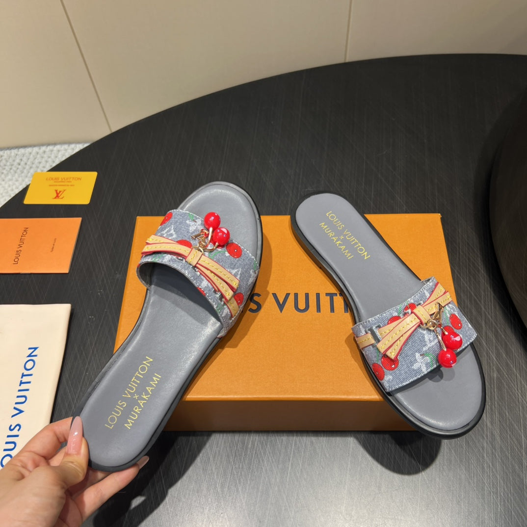 LOUIS VUITTON LV SLIDE SANDALS 25S IN GREY DENIM AND CALFSKIN WITH CHERRY BLOSSOM BUCKLE