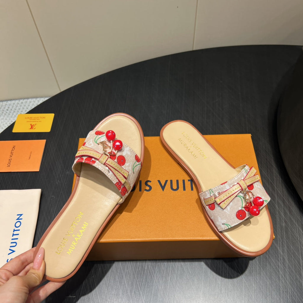 LOUIS VUITTON LV SLIDE SANDALS 25S IN BEIGE DENIM AND CALFSKIN WITH CHERRY BLOSSOM BUCKLE