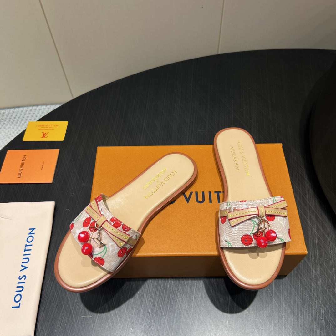 LOUIS VUITTON LV SLIDE SANDALS 25S IN BEIGE DENIM AND CALFSKIN WITH CHERRY BLOSSOM BUCKLE