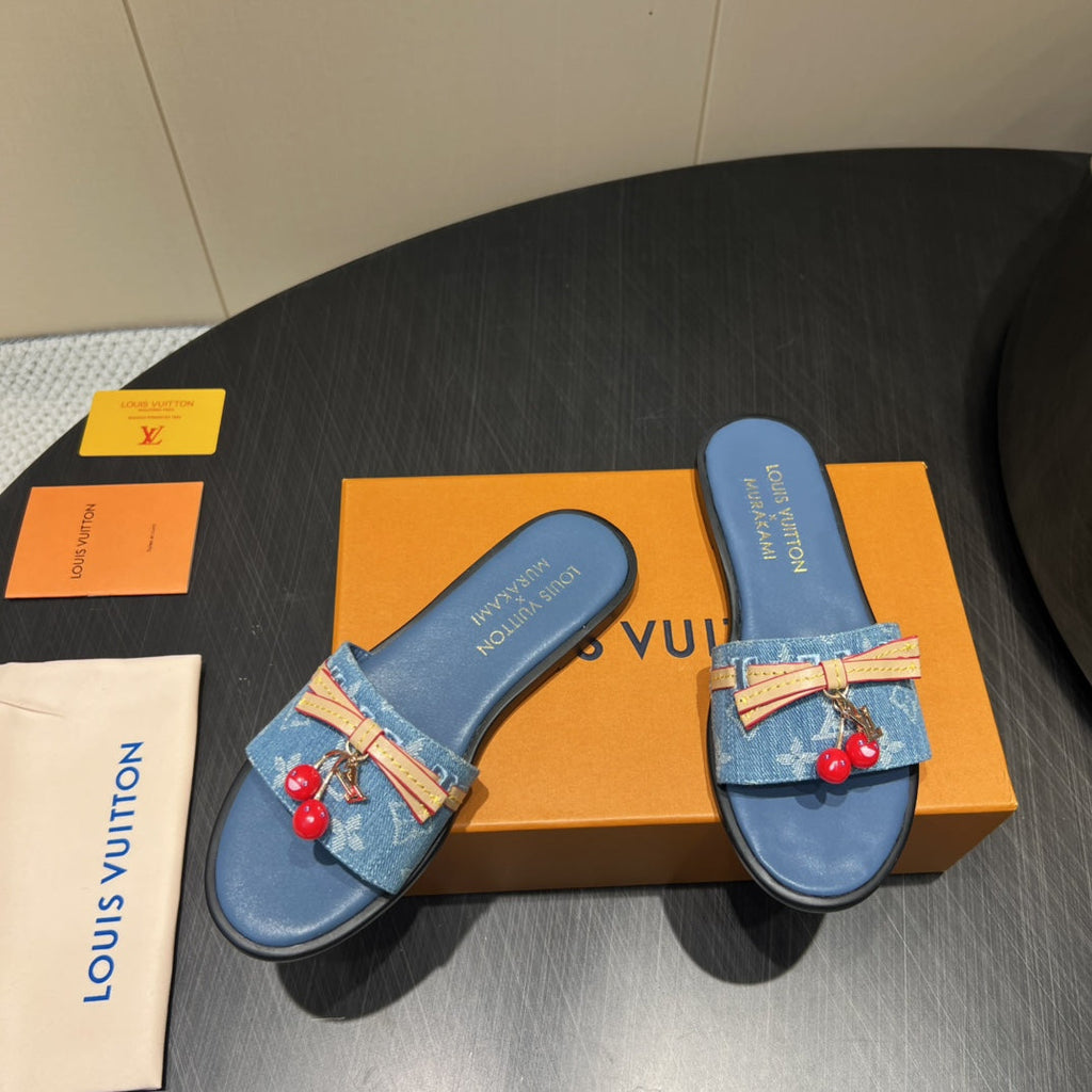 LOUIS VUITTON LV SLIDE SANDALS 25S IN BLUE DENIM AND CALFSKIN WITH CHERRY BLOSSOM BUCKLE