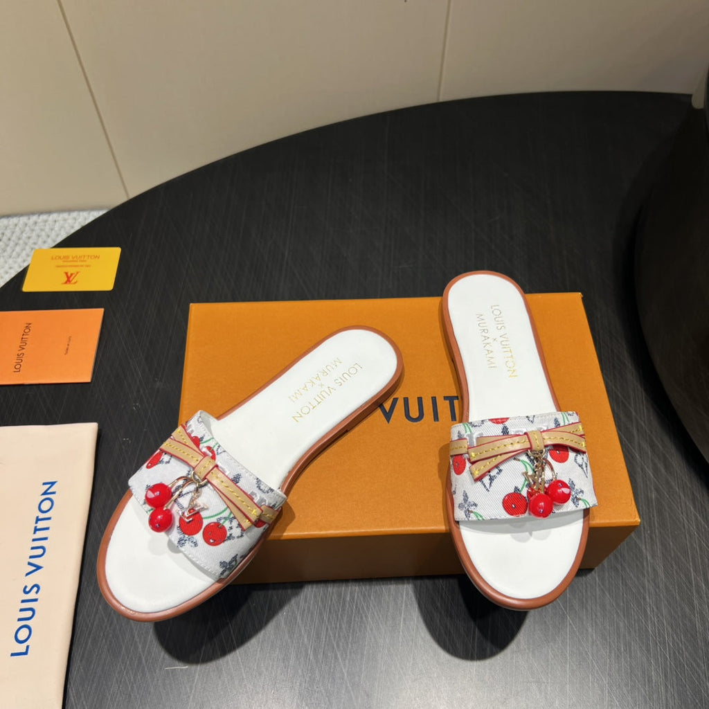 LOUIS VUITTON LV SLIDE SANDALS 25S IN WHITE DENIM AND CALFSKIN WITH CHERRY BLOSSOM BUCKLE