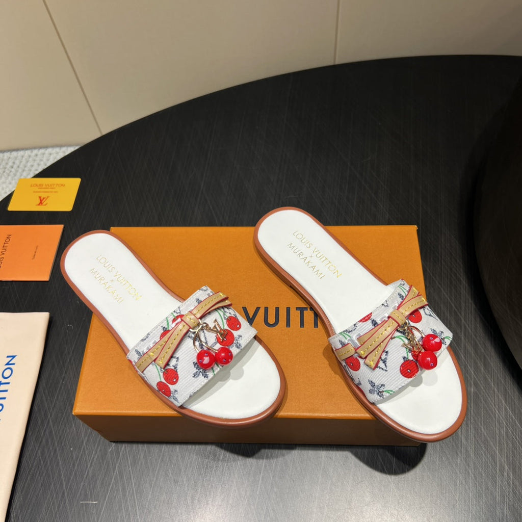 LOUIS VUITTON LV SLIDE SANDALS 25S IN WHITE DENIM AND CALFSKIN WITH CHERRY BLOSSOM BUCKLE