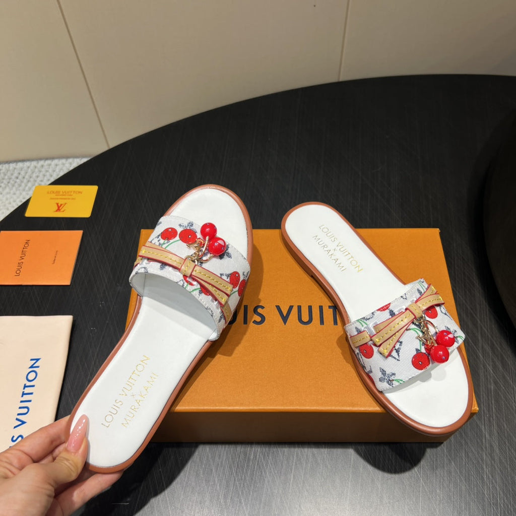 LOUIS VUITTON LV SLIDE SANDALS 25S IN WHITE DENIM AND CALFSKIN WITH CHERRY BLOSSOM BUCKLE