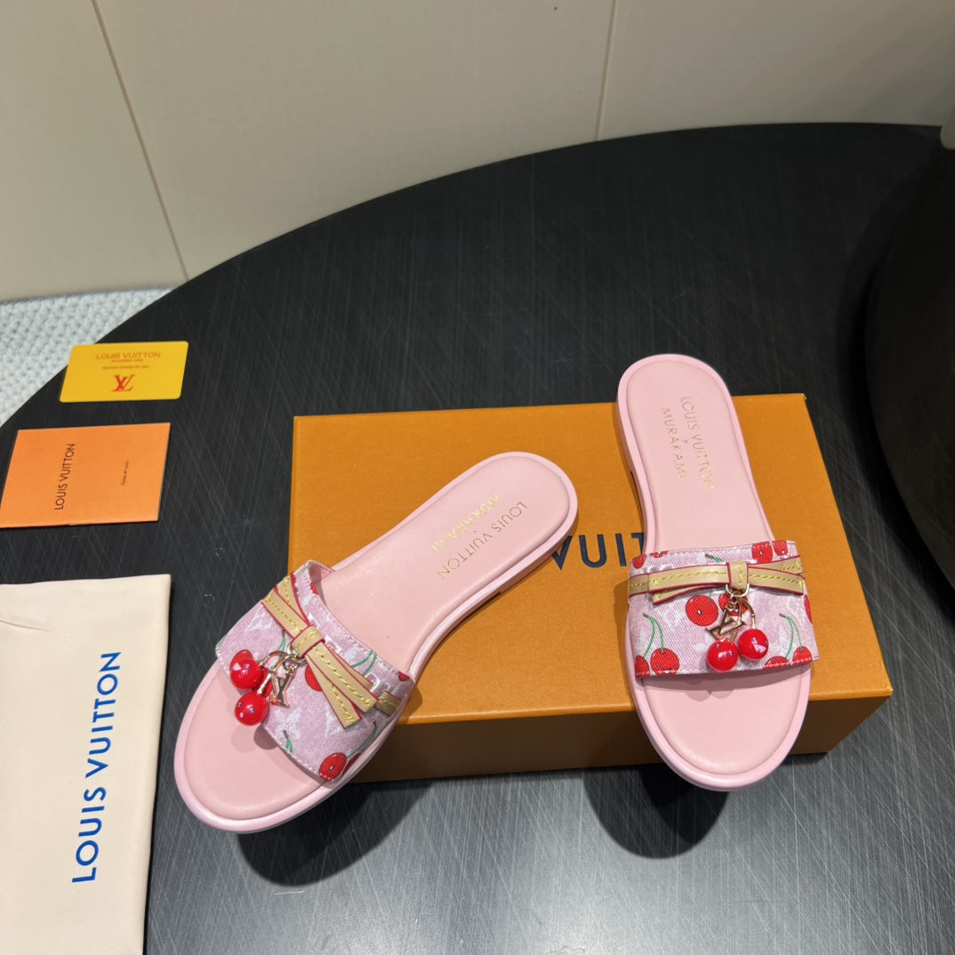 LOUIS VUITTON LV SLIDE SANDALS 25S IN LIGHT PINK DENIM AND CALFSKIN WITH CHERRY BLOSSOM BUCKLE