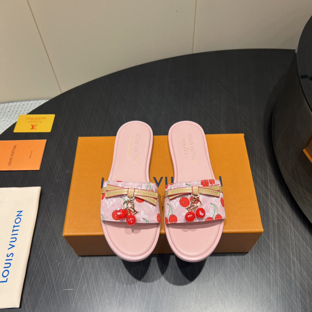 LOUIS VUITTON LV SLIDE SANDALS 25S IN LIGHT PINK DENIM AND CALFSKIN WITH CHERRY BLOSSOM BUCKLE