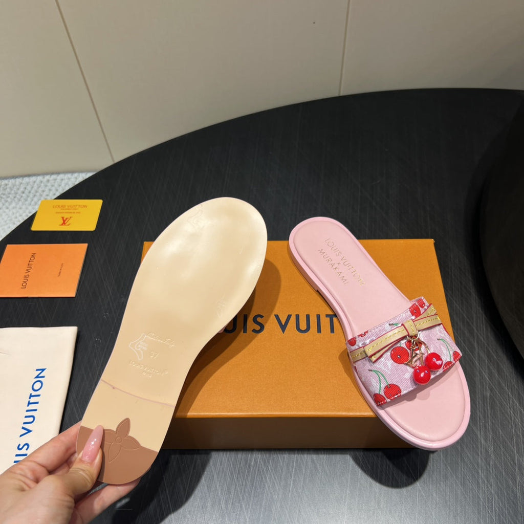 LOUIS VUITTON LV SLIDE SANDALS 25S IN LIGHT PINK DENIM AND CALFSKIN WITH CHERRY BLOSSOM BUCKLE