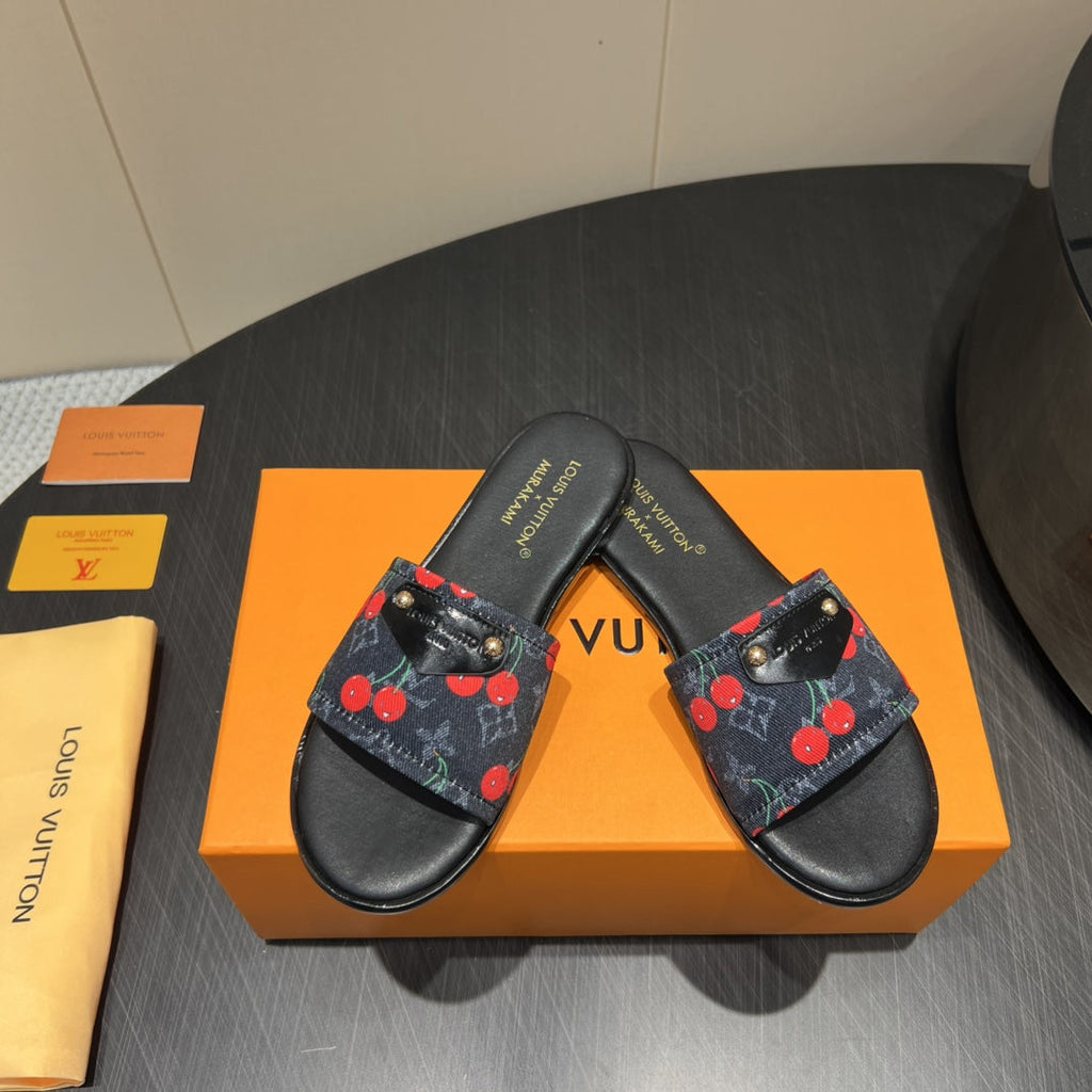 LOUIS VUITTON LV SLIDE SANDALS 25S IN BLACK DENIM AND CALFSKIN WITH LOGO PRINT