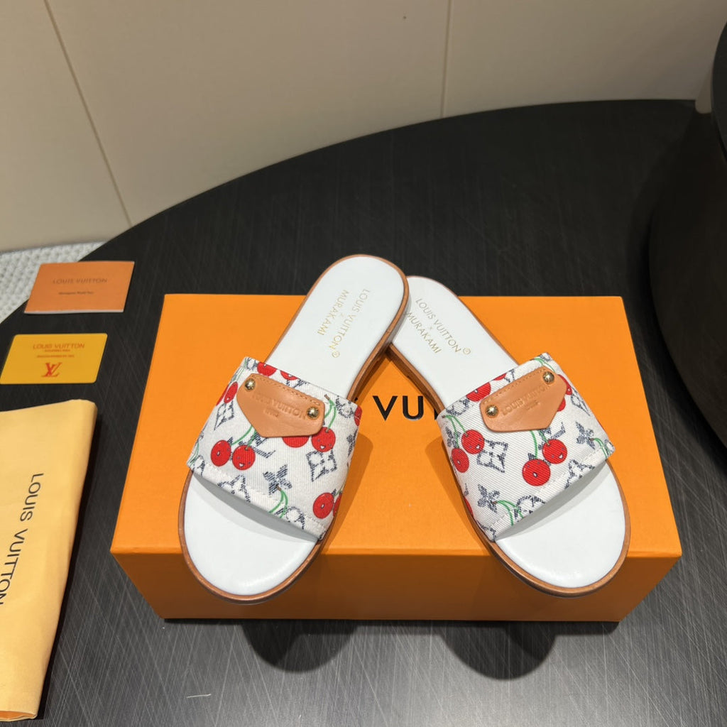 LOUIS VUITTON LV SLIDE SANDALS 25S IN WHITE DENIM AND CALFSKIN WITH LOGO PRINT