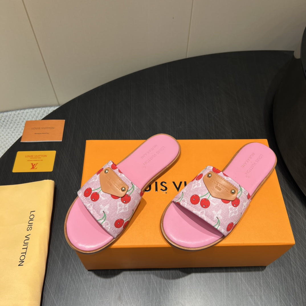 LOUIS VUITTON LV SLIDE SANDALS 25S IN PINK DENIM AND CALFSKIN WITH LOGO PRINT