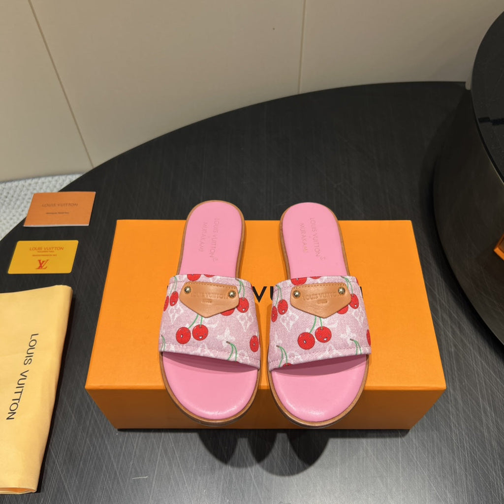 LOUIS VUITTON LV SLIDE SANDALS 25S IN PINK DENIM AND CALFSKIN WITH LOGO PRINT