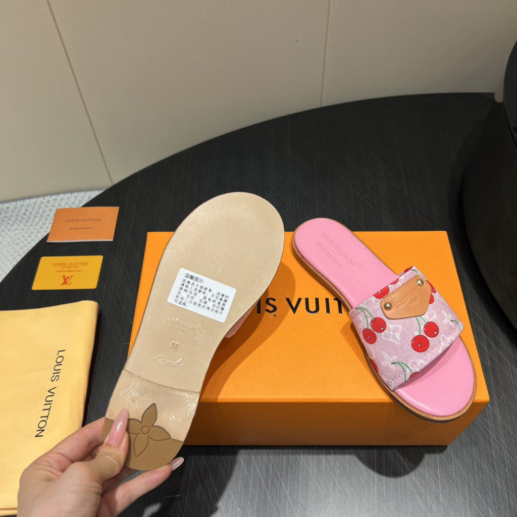 LOUIS VUITTON LV SLIDE SANDALS 25S IN PINK DENIM AND CALFSKIN WITH LOGO PRINT