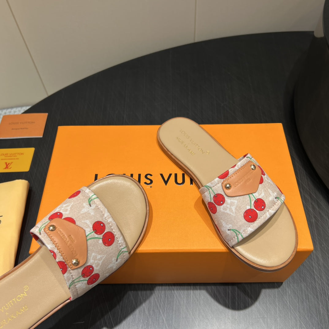 LOUIS VUITTON LV SLIDE SANDALS 25S IN BEIGE DENIM AND CALFSKIN WITH LOGO PRINT
