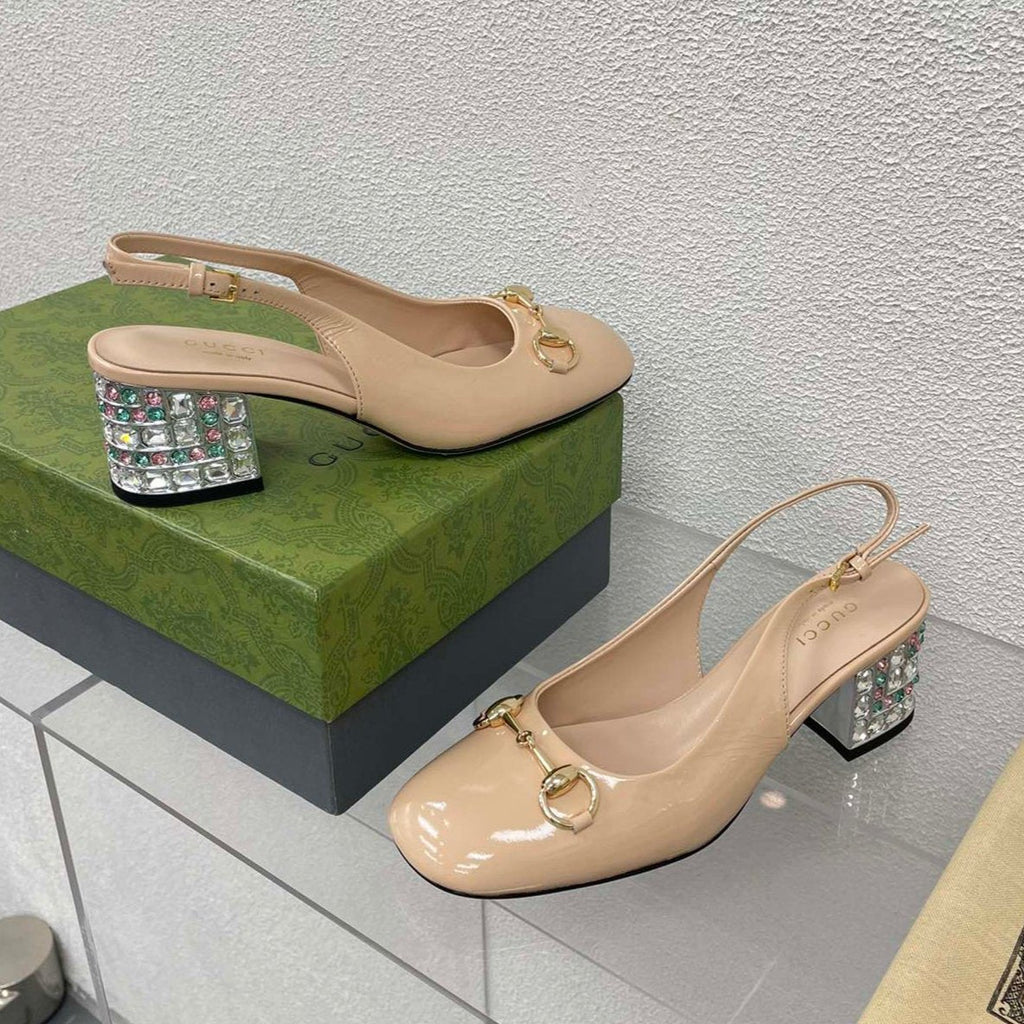 GUCCI WOMEN'S HORSEBIT SLINGBACK IN TAN BEIGE CALFSKIN WITH RHINSTONES