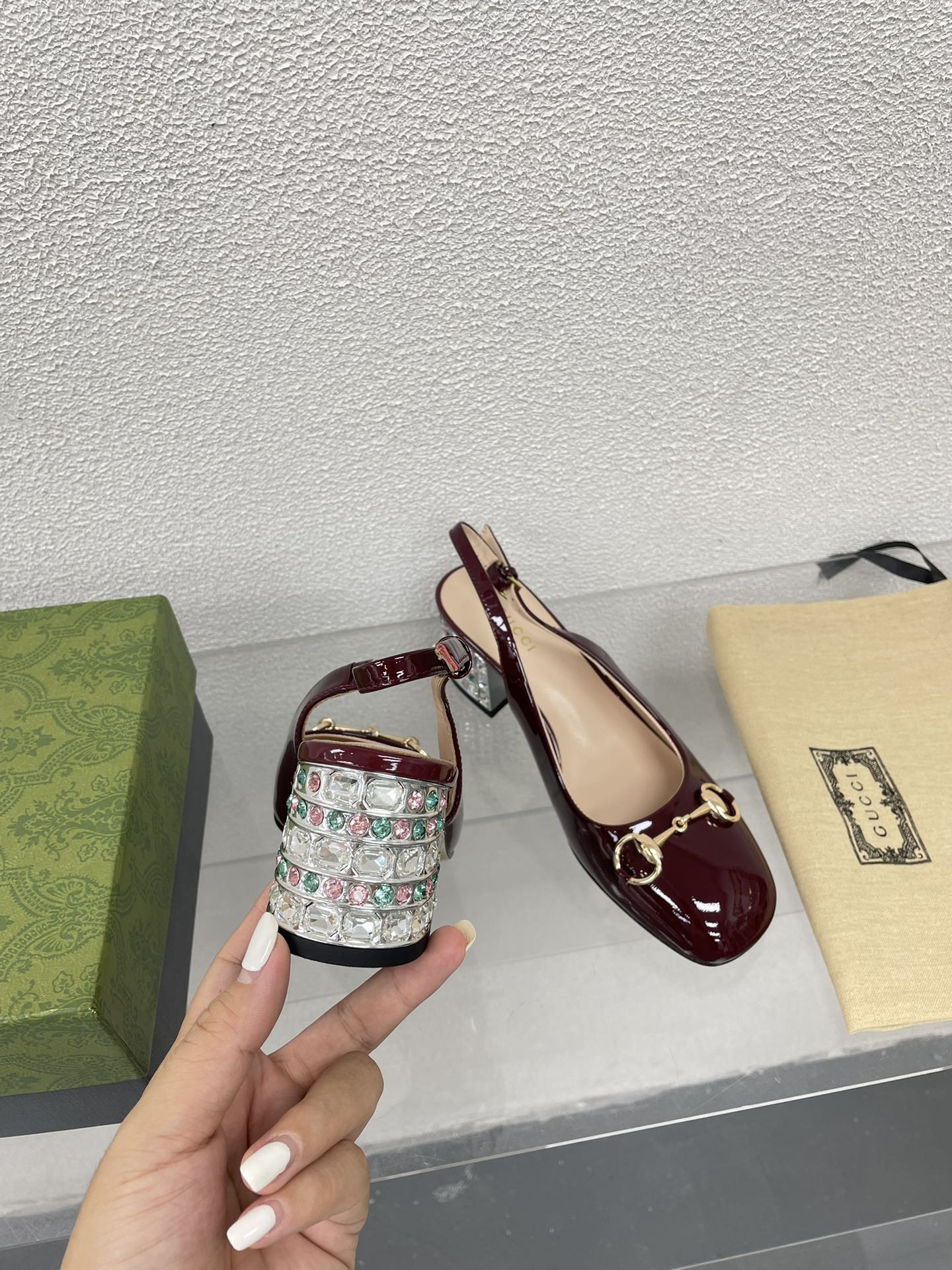 GUCCI WOMEN'S HORSEBIT SLINGBACK IN WINE RED CALFSKIN WITH RHINSTONES