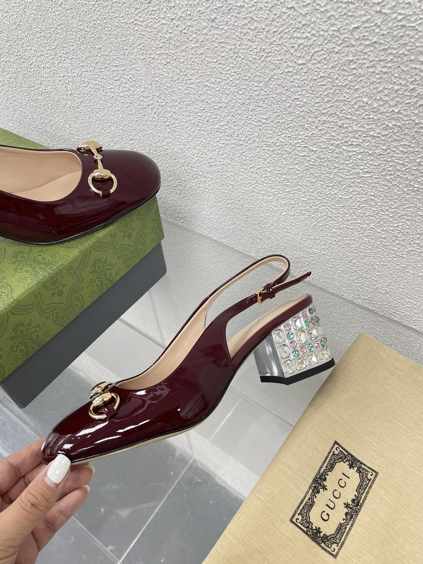 GUCCI WOMEN'S HORSEBIT SLINGBACK IN WINE RED CALFSKIN WITH RHINSTONES