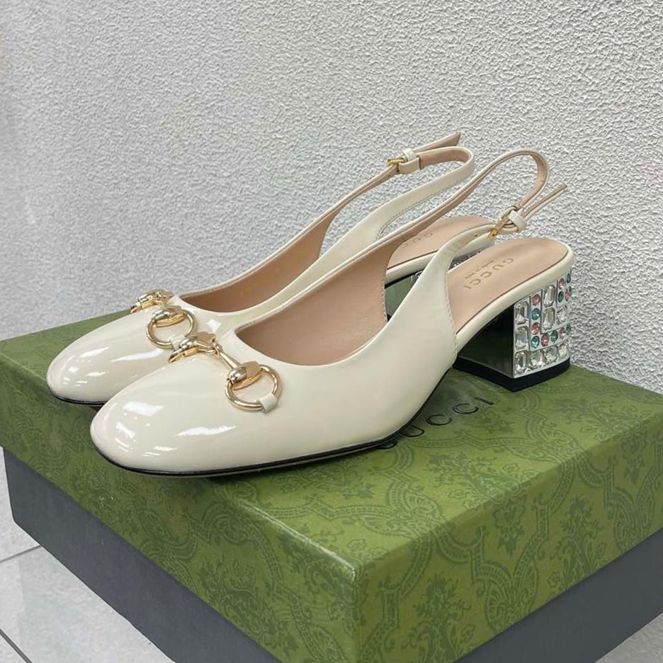 GUCCI WOMEN'S HORSEBIT SLINGBACK IN WHITE CALFSKIN WITH RHINSTONES