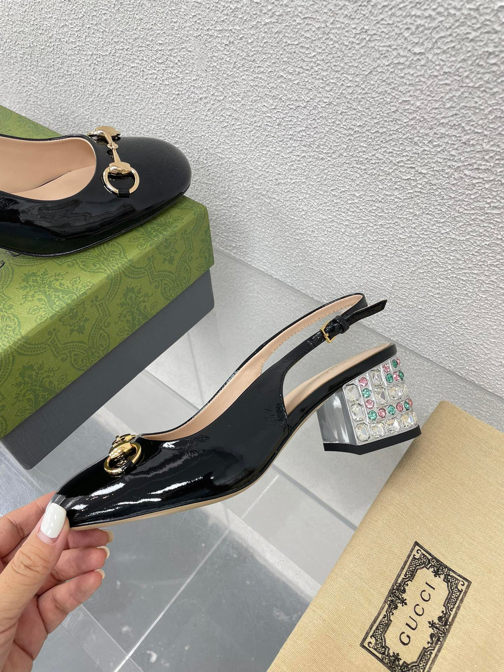GUCCI WOMEN'S HORSEBIT SLINGBACK IN BLACK CALFSKIN WITH RHINSTONES