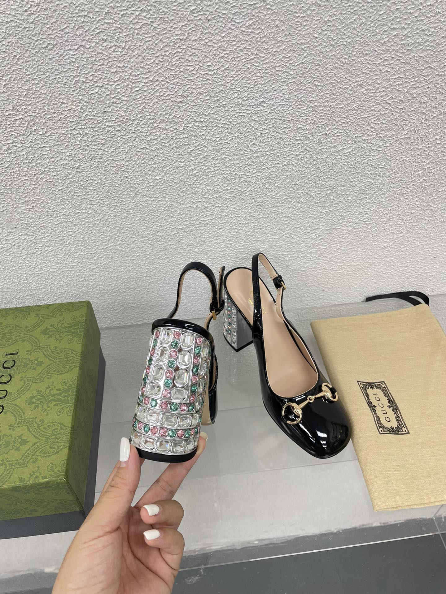 GUCCI WOMEN'S HORSEBIT SLINGBACK 95MM IN BLACK CALFSKIN WITH RHINSTONES