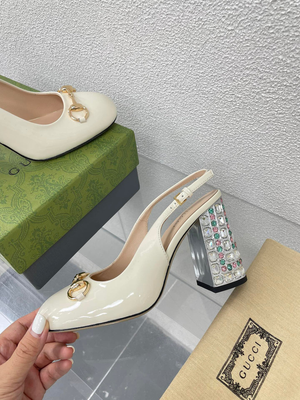 GUCCI WOMEN'S HORSEBIT SLINGBACK 95MM IN WHITE CALFSKIN WITH RHINSTONES