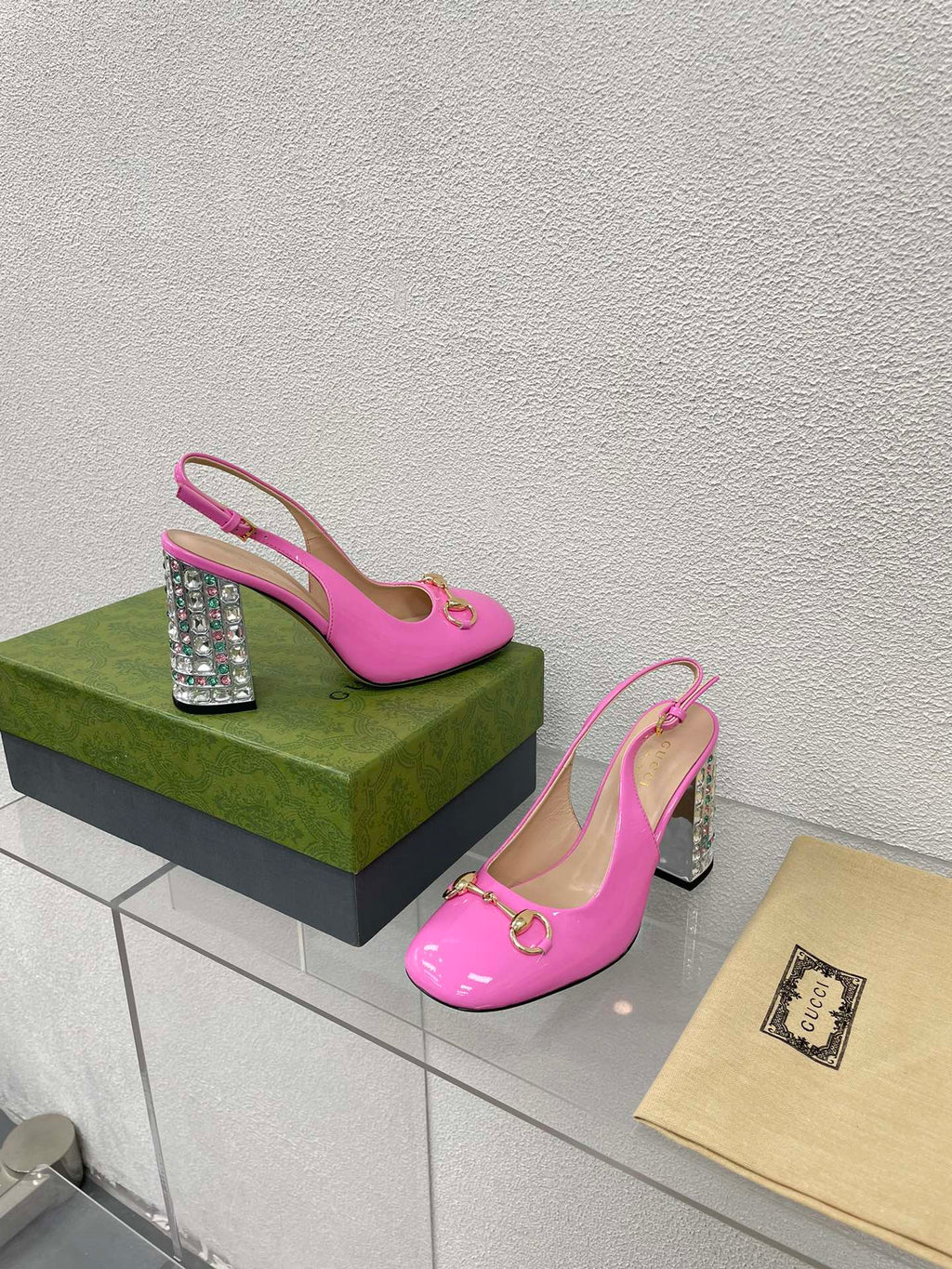 GUCCI WOMEN'S HORSEBIT SLINGBACK 95MM IN FUSICA PINK CALFSKIN WITH RHINSTONES