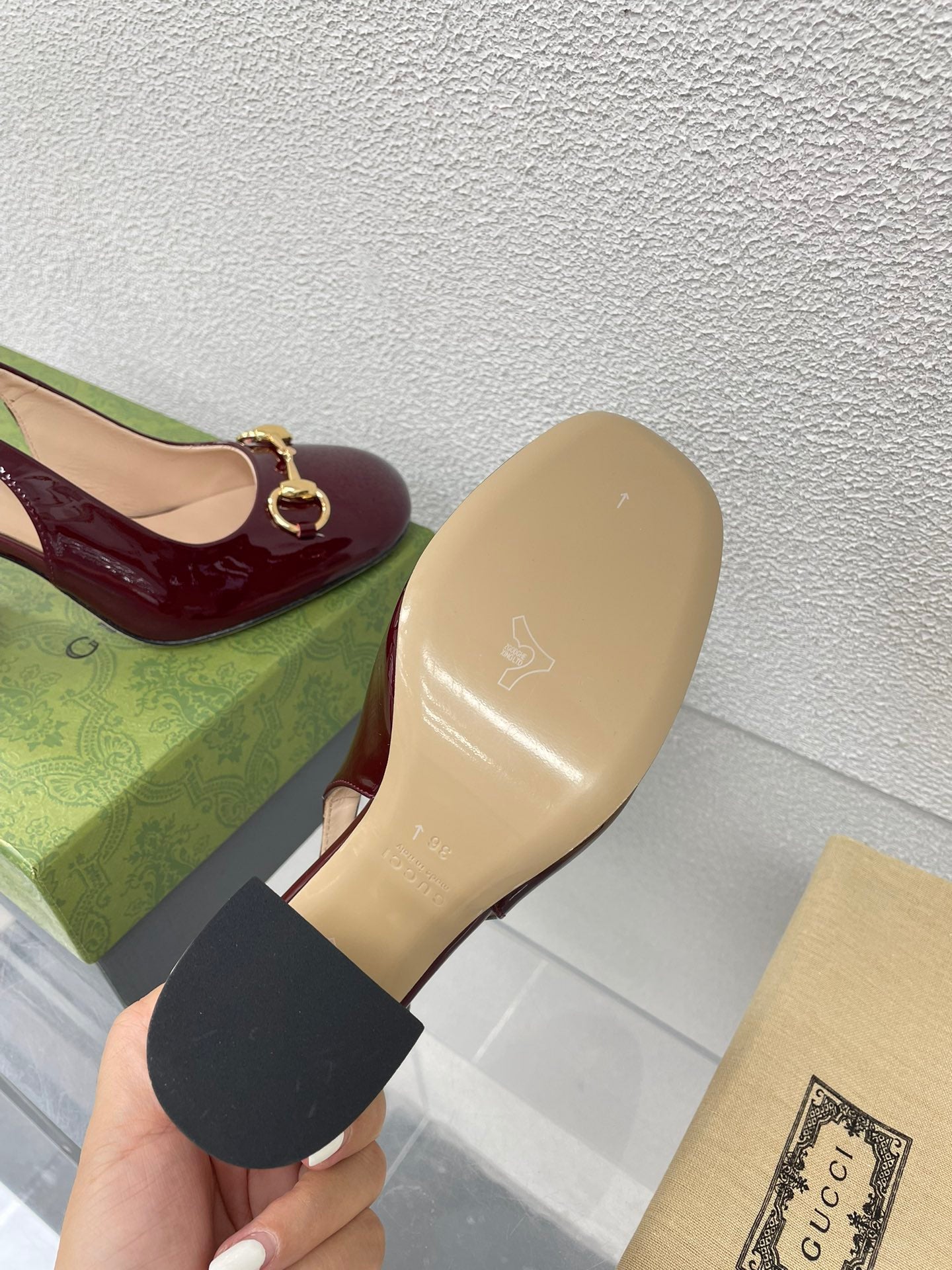GUCCI WOMEN'S HORSEBIT SLINGBACK 95MM IN WINE RED CALFSKIN WITH RHINSTONES