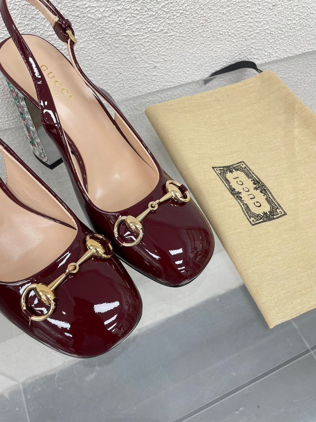 GUCCI WOMEN'S HORSEBIT SLINGBACK 95MM IN WINE RED CALFSKIN WITH RHINSTONES