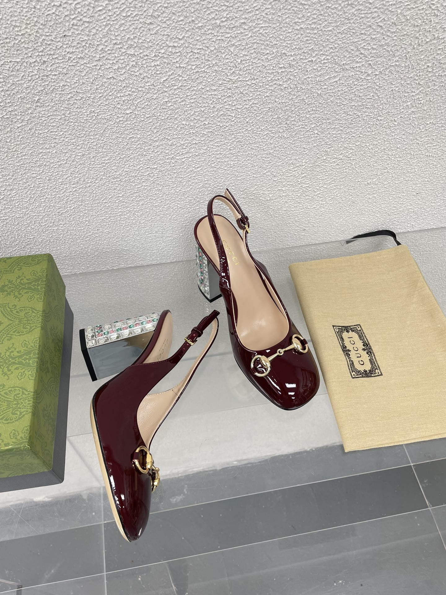 GUCCI WOMEN'S HORSEBIT SLINGBACK 95MM IN WINE RED CALFSKIN WITH RHINSTONES