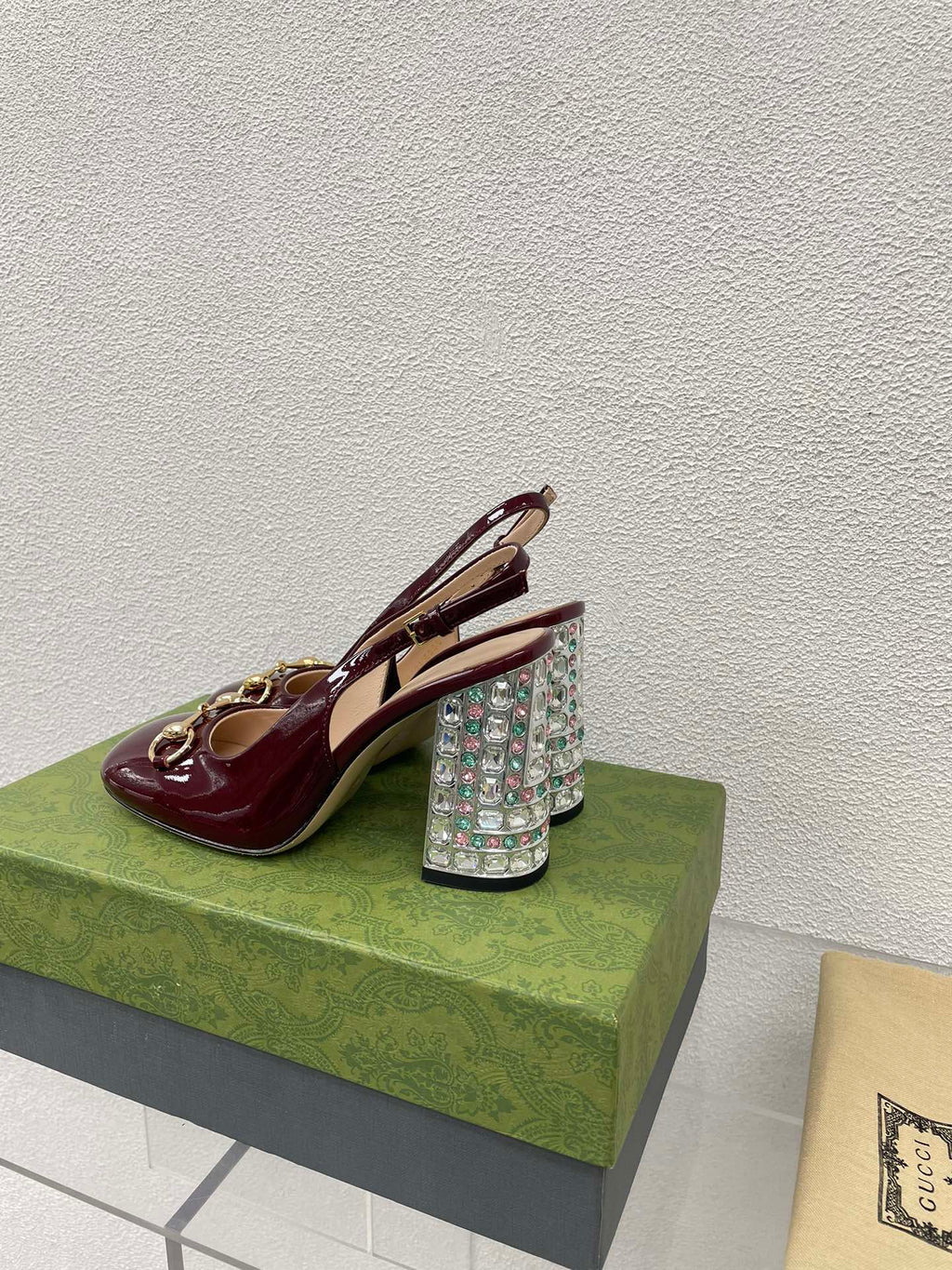 GUCCI WOMEN'S HORSEBIT SLINGBACK 95MM IN WINE RED CALFSKIN WITH RHINSTONES