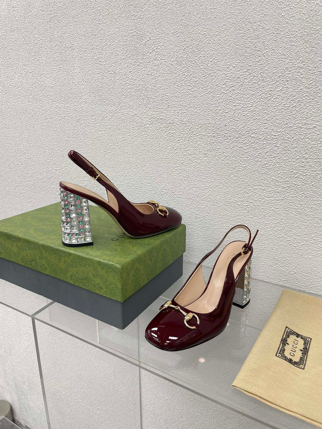 GUCCI WOMEN'S HORSEBIT SLINGBACK 95MM IN WINE RED CALFSKIN WITH RHINSTONES