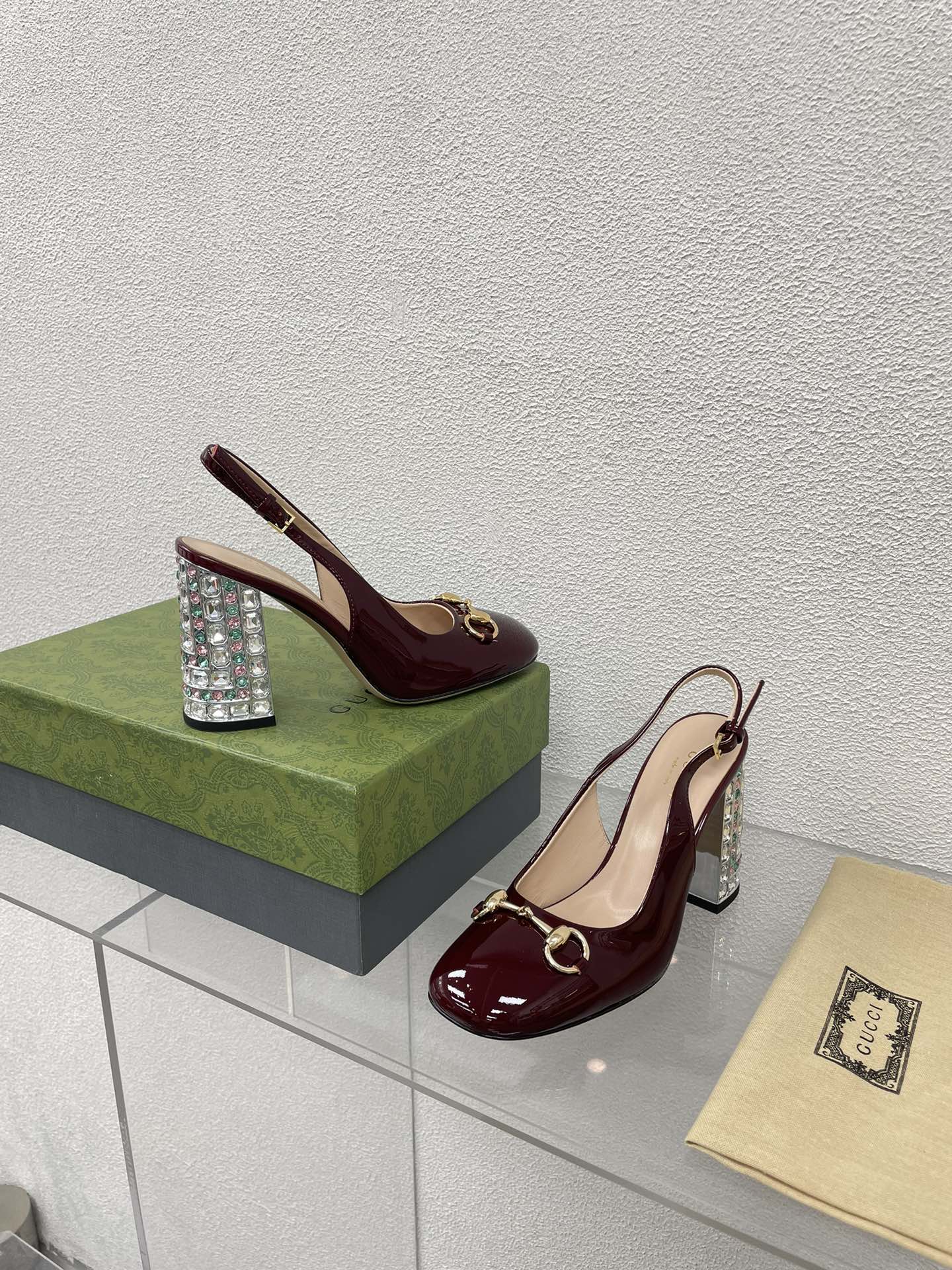 GUCCI WOMEN'S HORSEBIT SLINGBACK 95MM IN WINE RED CALFSKIN WITH RHINSTONES