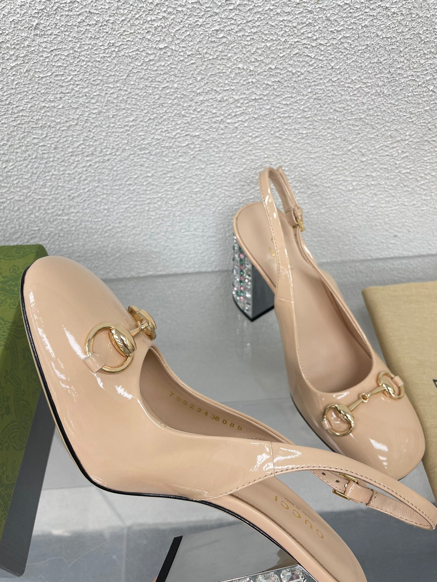 GUCCI WOMEN'S HORSEBIT SLINGBACK 95MM IN TAN BEIGE CALFSKIN WITH RHINSTONES