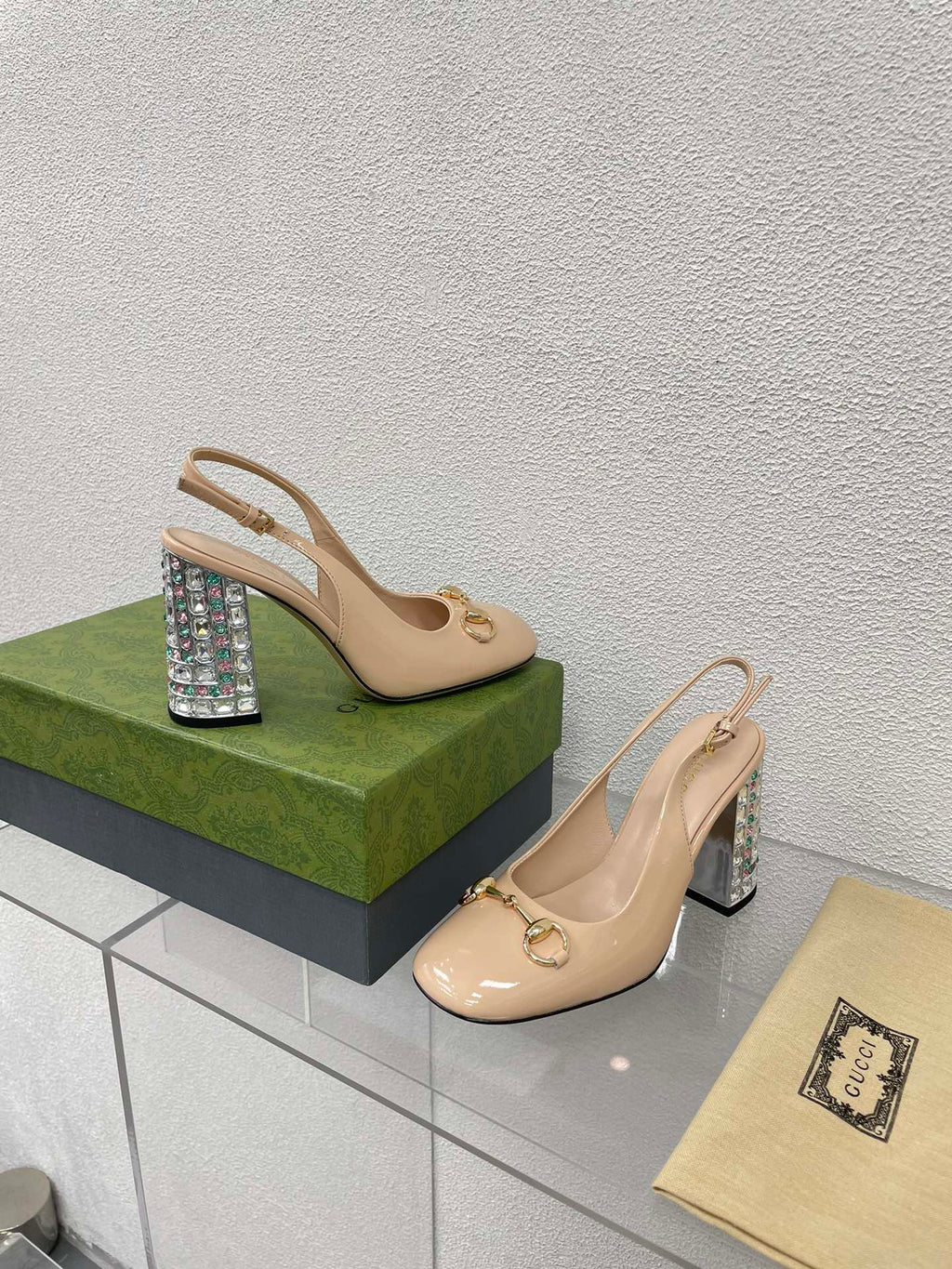 GUCCI WOMEN'S HORSEBIT SLINGBACK 95MM IN TAN BEIGE CALFSKIN WITH RHINSTONES